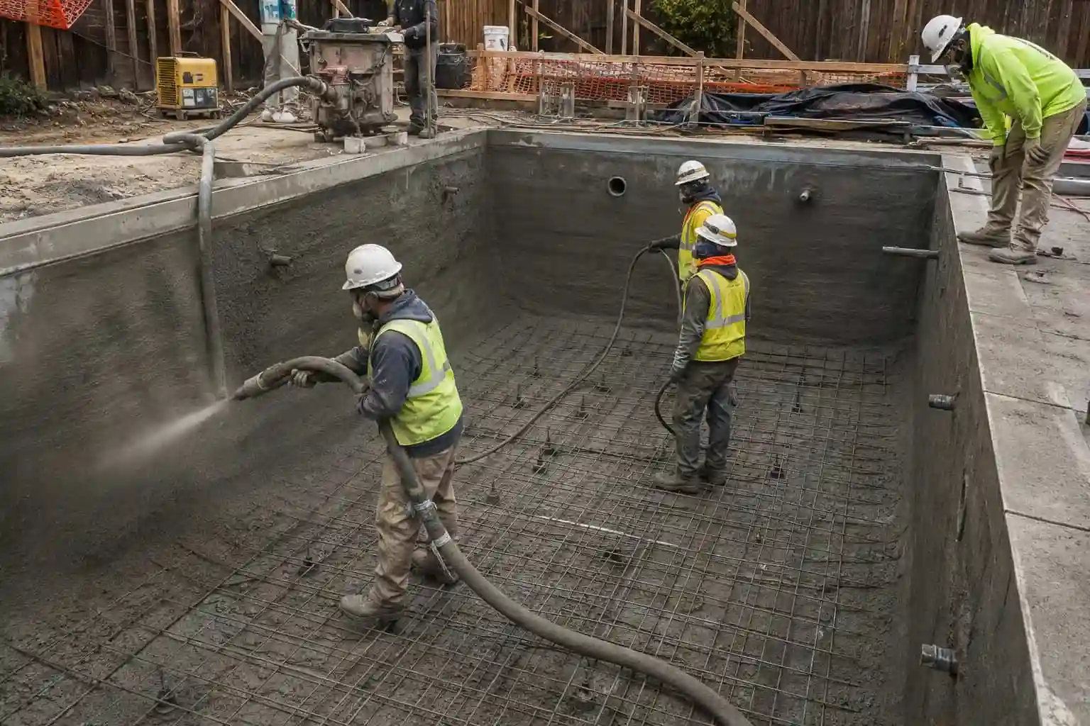 Proceso de construcción de piscina con hormigón proyectado (gunita)