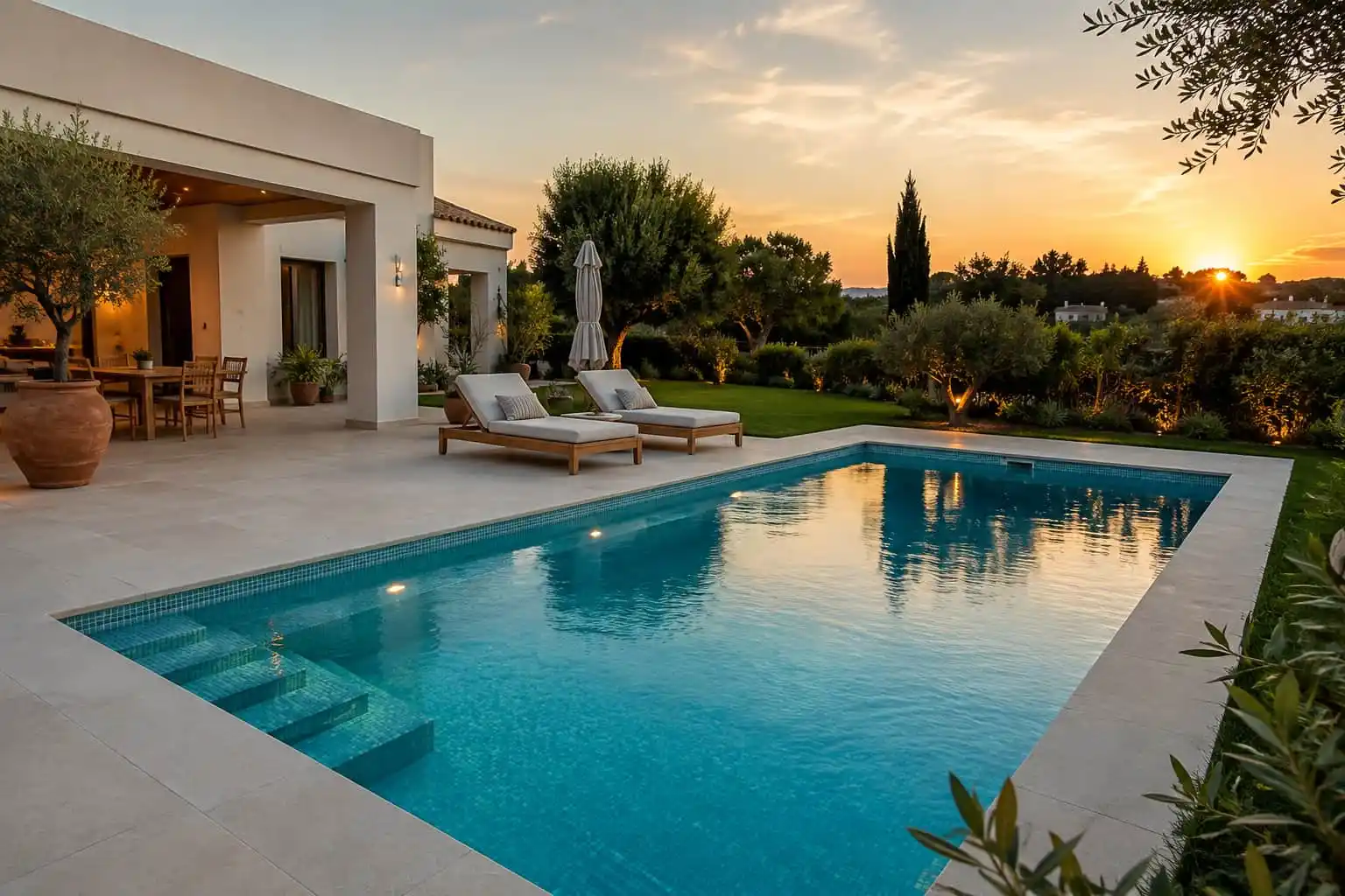 Piscina de obra recién construida en jardín residencial de Valencia